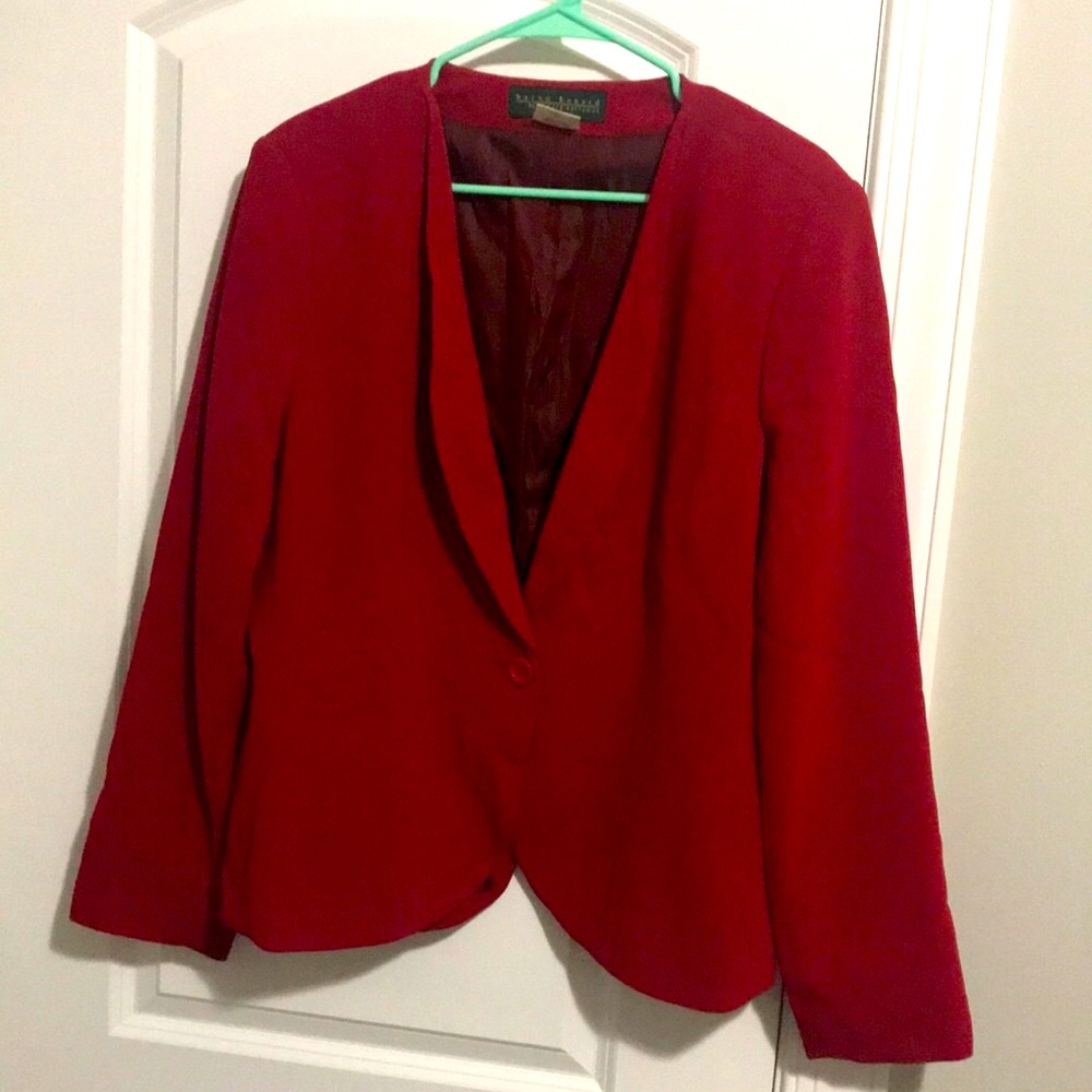 Red shawl collar jacket+skirt crepe suit waist length jacket, knee length skirt